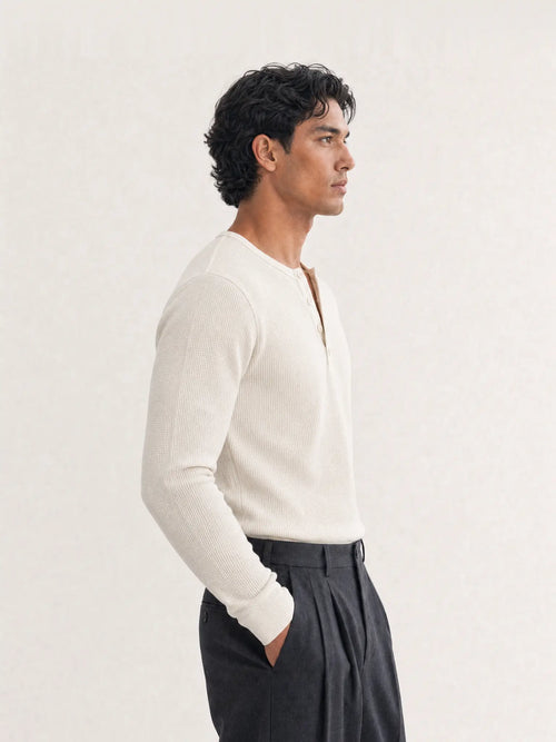 No. 02 — Waffle Henley | Ivory — model, side