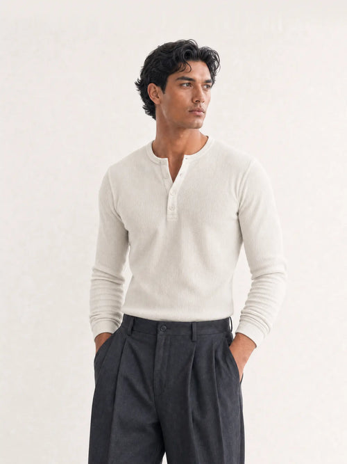 No. 02 — Waffle Henley | Ivory — model, three-quarter