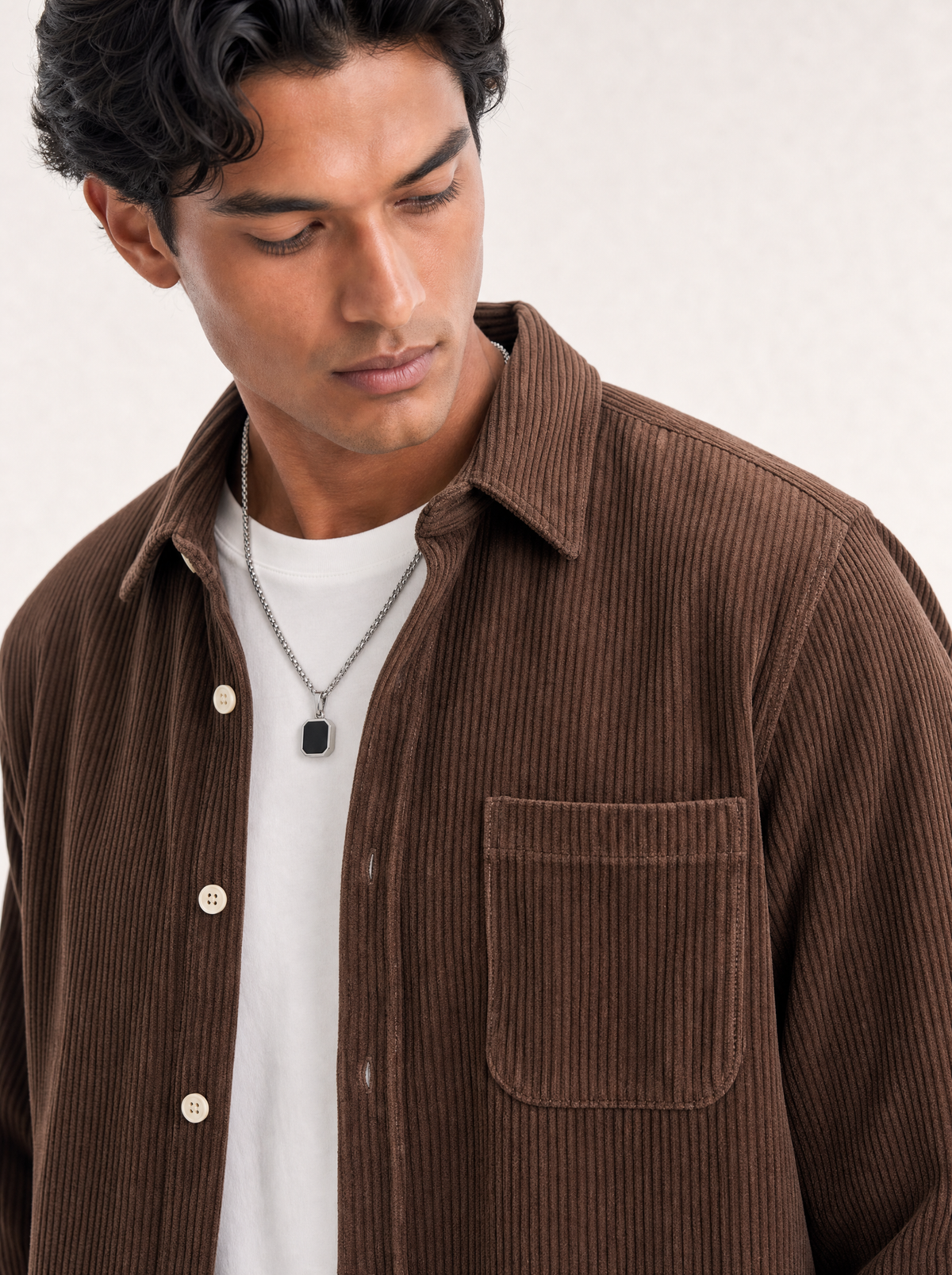 Omber No. 08 Corduroy Overshirt in Umber, collar and chest pocket detail