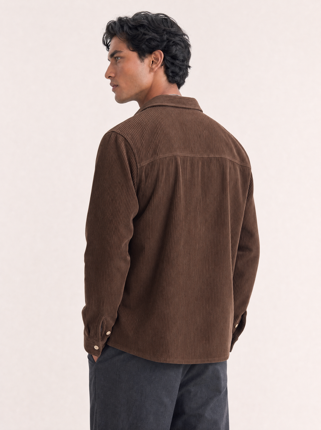 Omber No. 08 Corduroy Overshirt in Umber, back view on model