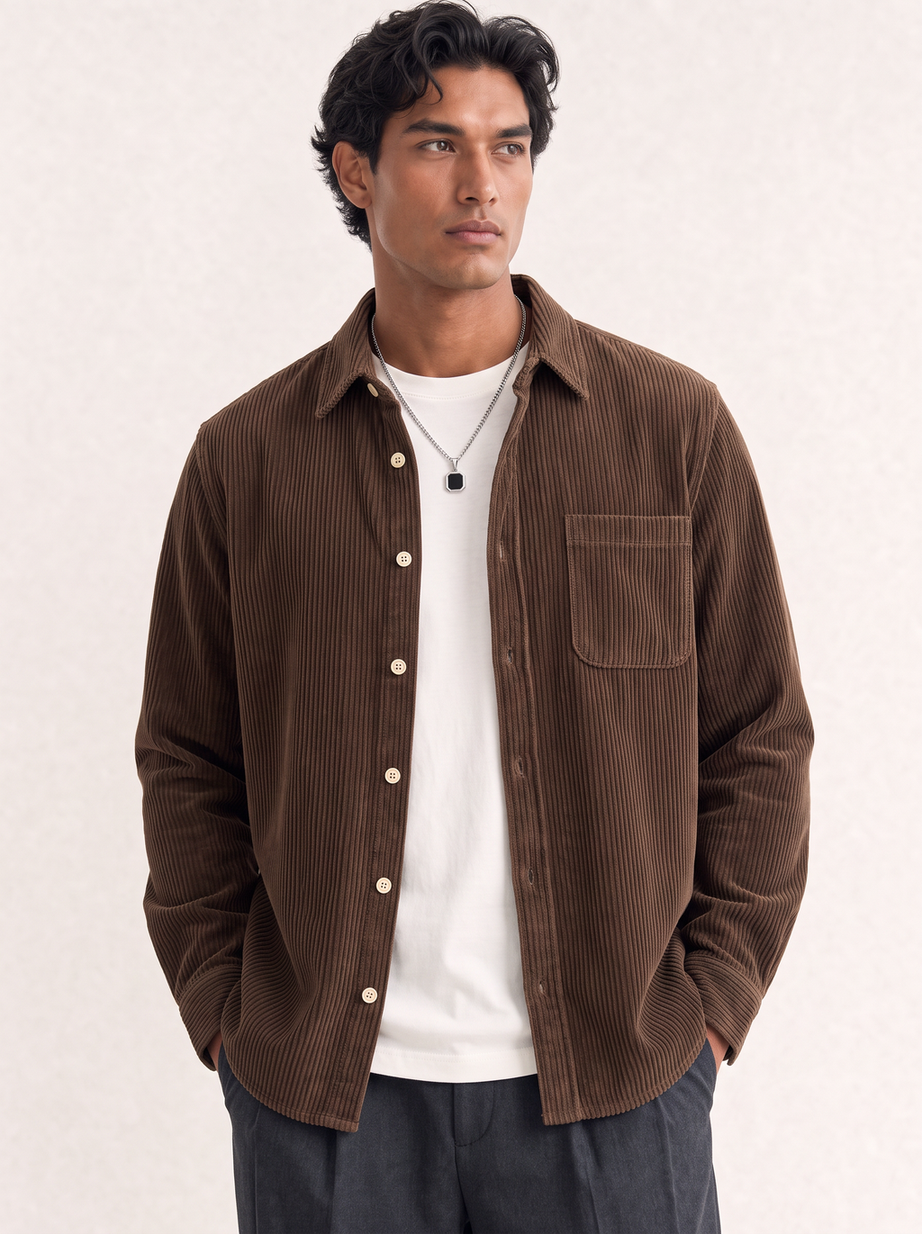 Omber No. 08 Corduroy Overshirt in Umber, front view on model