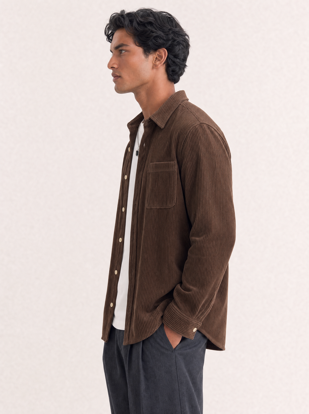Omber No. 08 Corduroy Overshirt in Umber, side view on model