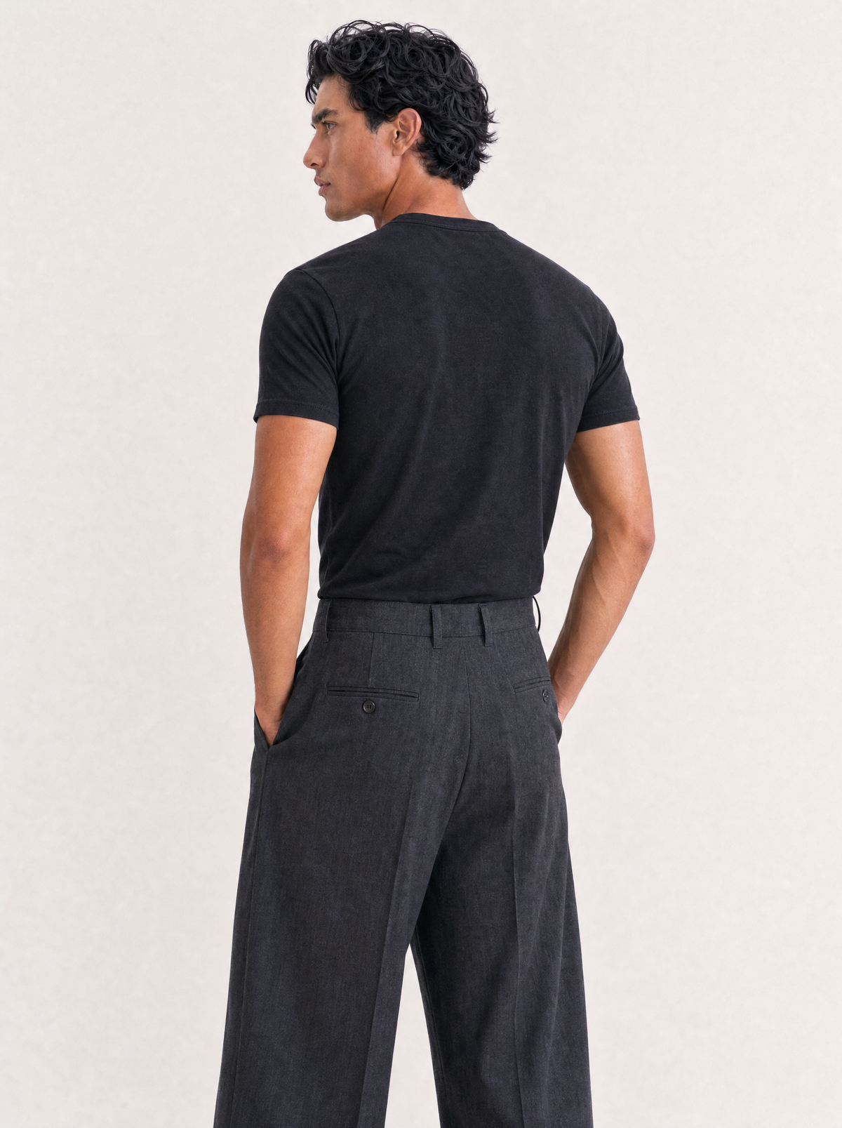Omber No. 13 Slim Fit Cotton Tee in Black, back view on model